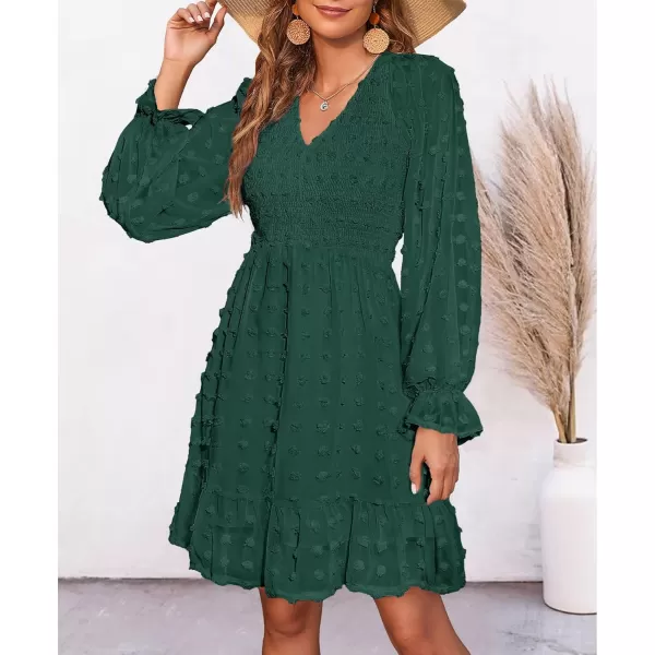 imageBTFBM Women Long Sleeve V Neck Smocked Short Dress Flowy Casual SwissDot Ruffle Mini Babydoll Summer Fall Dresses 2023Solid Dark Green