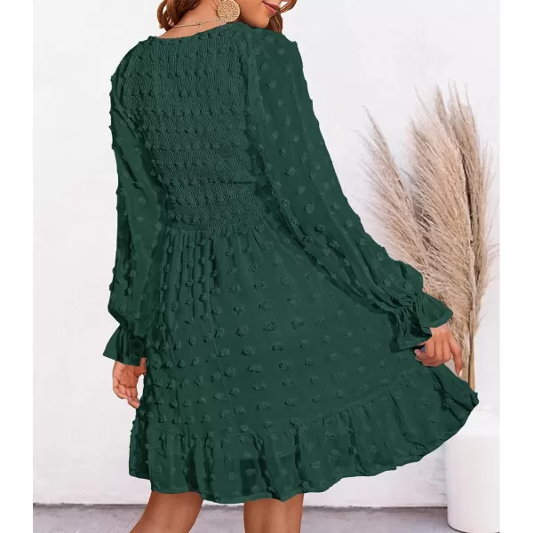 imageBTFBM Women Long Sleeve V Neck Smocked Short Dress Flowy Casual SwissDot Ruffle Mini Babydoll Summer Fall Dresses 2023Solid Dark Green