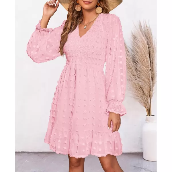 imageBTFBM Women Long Sleeve V Neck Smocked Short Dress Flowy Casual SwissDot Ruffle Mini Babydoll Summer Fall Dresses 2023Solid Pink