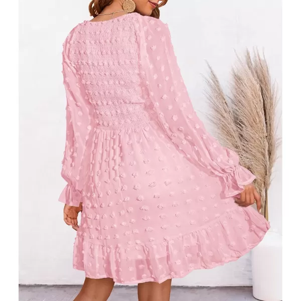 imageBTFBM Women Long Sleeve V Neck Smocked Short Dress Flowy Casual SwissDot Ruffle Mini Babydoll Summer Fall Dresses 2023Solid Pink
