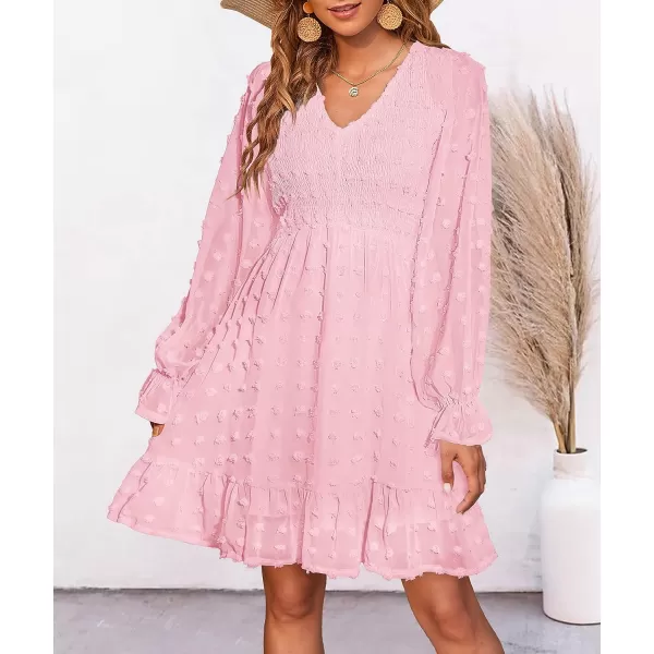 imageBTFBM Women Long Sleeve V Neck Smocked Short Dress Flowy Casual SwissDot Ruffle Mini Babydoll Summer Fall Dresses 2023Solid Pink
