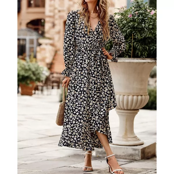 imageBTFBM Women Long Sleeve Wrap Maxi Dress V Neck Boho Floral High Waist Flowy Ruffle 2023 Summer Fall Dresses with BeltBig Floral Black