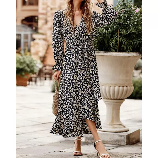 imageBTFBM Women Long Sleeve Wrap Maxi Dress V Neck Boho Floral High Waist Flowy Ruffle 2023 Summer Fall Dresses with BeltBig Floral Black