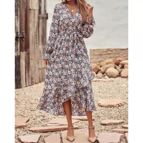 imageBTFBM Women Long Sleeve Wrap Maxi Dress V Neck Boho Floral High Waist Flowy Ruffle 2023 Summer Fall Dresses with BeltBig Floral Blue White