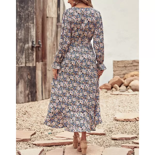 imageBTFBM Women Long Sleeve Wrap Maxi Dress V Neck Boho Floral High Waist Flowy Ruffle 2023 Summer Fall Dresses with BeltBig Floral Blue White