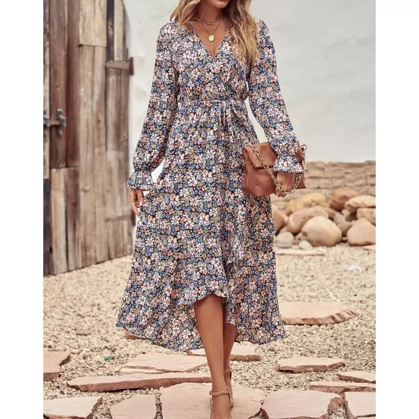 imageBTFBM Women Long Sleeve Wrap Maxi Dress V Neck Boho Floral High Waist Flowy Ruffle 2023 Summer Fall Dresses with BeltBig Floral Blue White