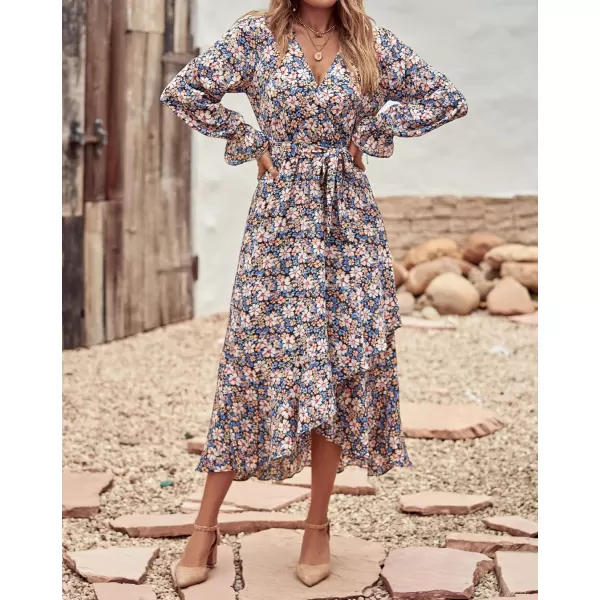 imageBTFBM Women Long Sleeve Wrap Maxi Dress V Neck Boho Floral High Waist Flowy Ruffle 2023 Summer Fall Dresses with BeltBig Floral Blue White