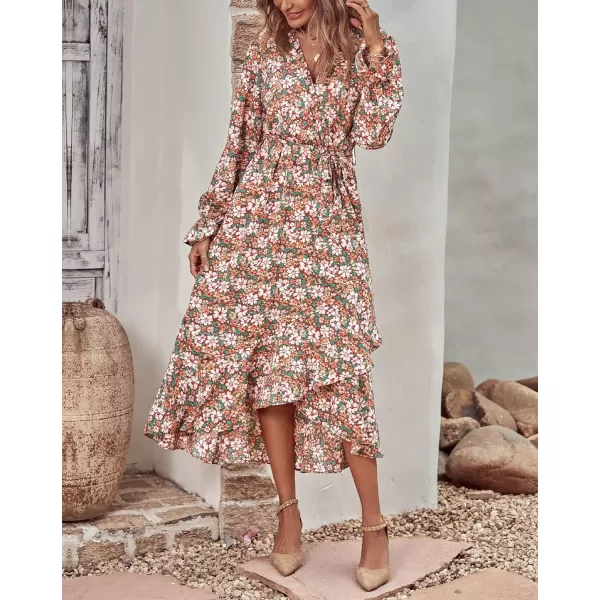 imageBTFBM Women Long Sleeve Wrap Maxi Dress V Neck Boho Floral High Waist Flowy Ruffle 2023 Summer Fall Dresses with BeltBig Floral Brown Green