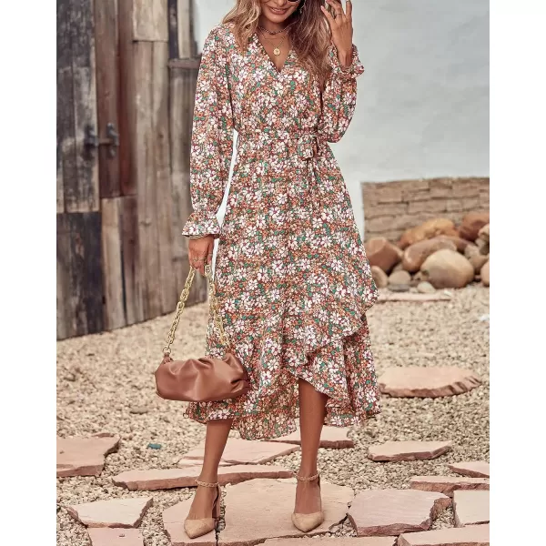 imageBTFBM Women Long Sleeve Wrap Maxi Dress V Neck Boho Floral High Waist Flowy Ruffle 2023 Summer Fall Dresses with BeltBig Floral Brown Green