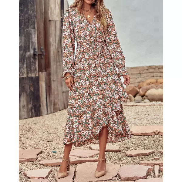 imageBTFBM Women Long Sleeve Wrap Maxi Dress V Neck Boho Floral High Waist Flowy Ruffle 2023 Summer Fall Dresses with BeltBig Floral Brown Green