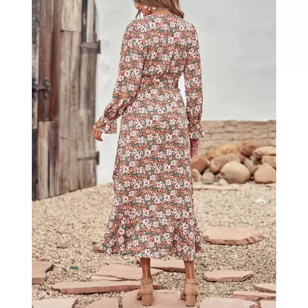 imageBTFBM Women Long Sleeve Wrap Maxi Dress V Neck Boho Floral High Waist Flowy Ruffle 2023 Summer Fall Dresses with BeltBig Floral Brown Green