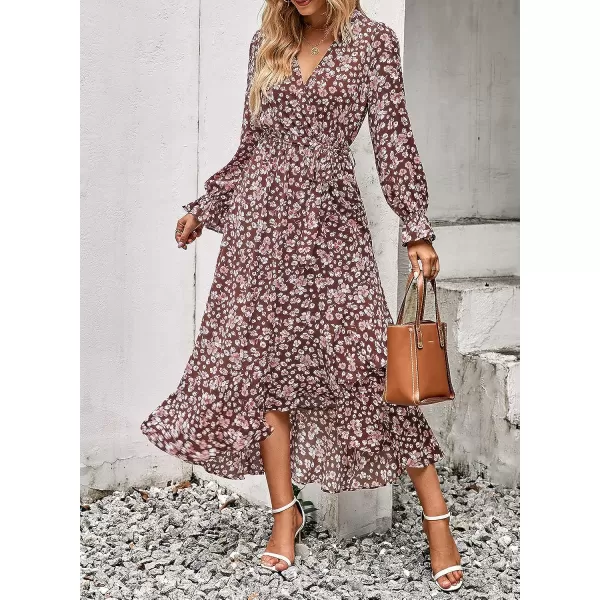 imageBTFBM Women Long Sleeve Wrap Maxi Dress V Neck Boho Floral High Waist Flowy Ruffle 2023 Summer Fall Dresses with BeltBig Floral Wine Red