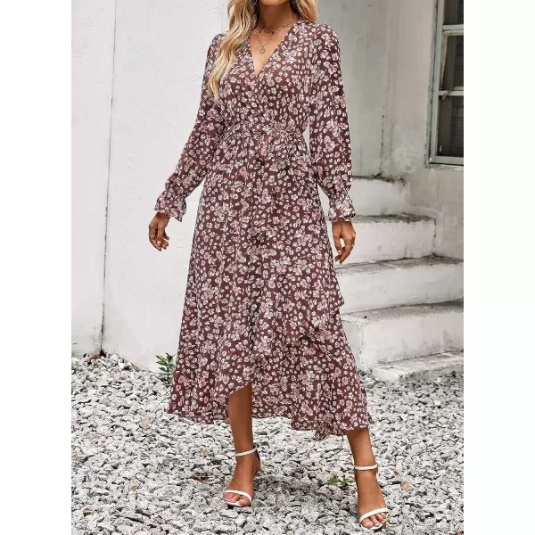 imageBTFBM Women Long Sleeve Wrap Maxi Dress V Neck Boho Floral High Waist Flowy Ruffle 2023 Summer Fall Dresses with BeltBig Floral Wine Red
