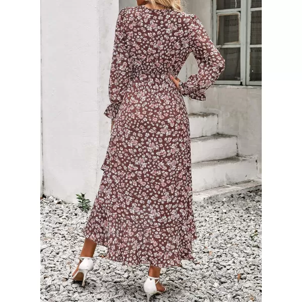 imageBTFBM Women Long Sleeve Wrap Maxi Dress V Neck Boho Floral High Waist Flowy Ruffle 2023 Summer Fall Dresses with BeltBig Floral Wine Red