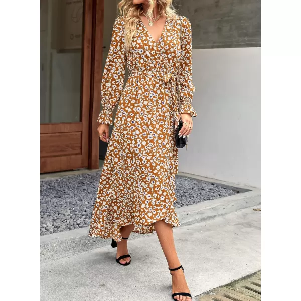 imageBTFBM Women Long Sleeve Wrap Maxi Dress V Neck Boho Floral High Waist Flowy Ruffle 2023 Summer Fall Dresses with BeltBig Floral Yellow