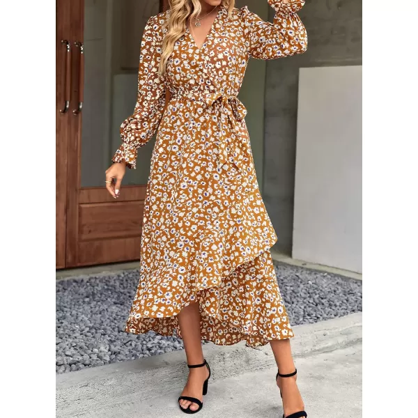 imageBTFBM Women Long Sleeve Wrap Maxi Dress V Neck Boho Floral High Waist Flowy Ruffle 2023 Summer Fall Dresses with BeltBig Floral Yellow