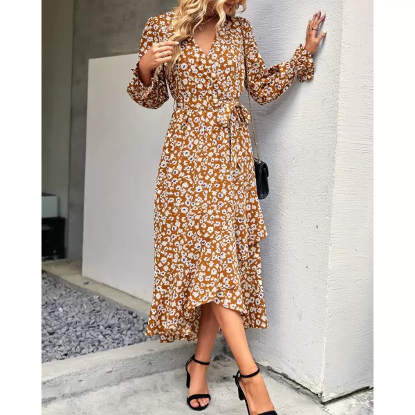 imageBTFBM Women Long Sleeve Wrap Maxi Dress V Neck Boho Floral High Waist Flowy Ruffle 2023 Summer Fall Dresses with BeltBig Floral Yellow