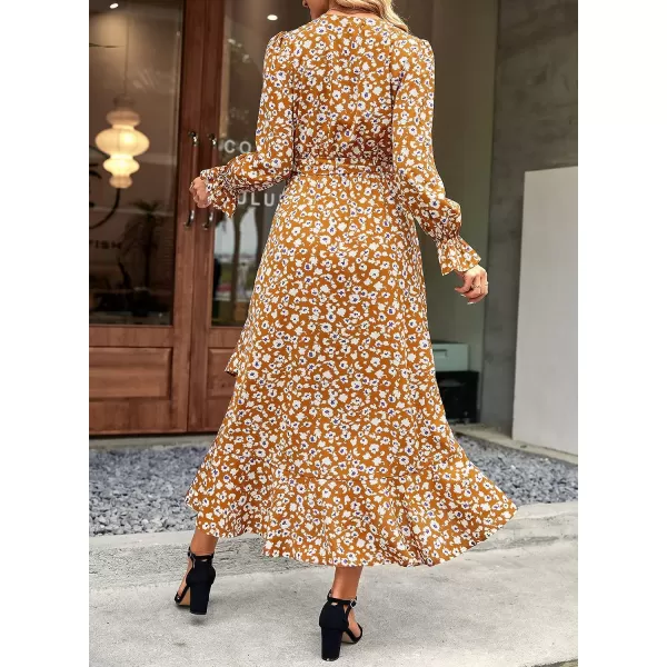 imageBTFBM Women Long Sleeve Wrap Maxi Dress V Neck Boho Floral High Waist Flowy Ruffle 2023 Summer Fall Dresses with BeltBig Floral Yellow