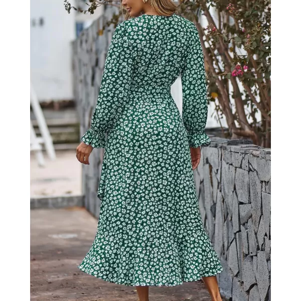 imageBTFBM Women Long Sleeve Wrap Maxi Dress V Neck Boho Floral High Waist Flowy Ruffle 2023 Summer Fall Dresses with BeltDaisy White Dark Green