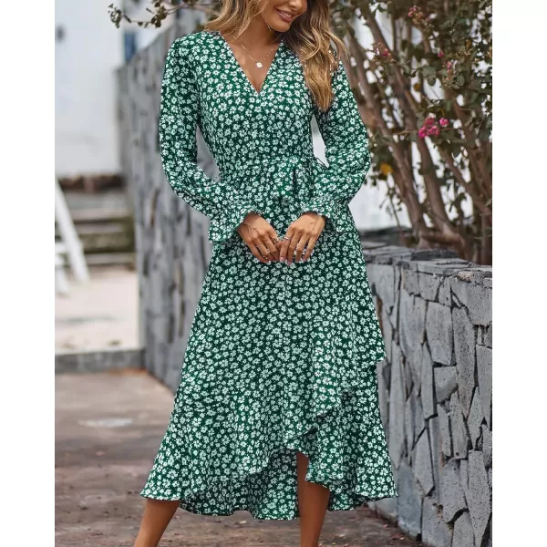 imageBTFBM Women Long Sleeve Wrap Maxi Dress V Neck Boho Floral High Waist Flowy Ruffle 2023 Summer Fall Dresses with BeltDaisy White Dark Green