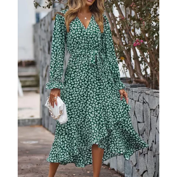 imageBTFBM Women Long Sleeve Wrap Maxi Dress V Neck Boho Floral High Waist Flowy Ruffle 2023 Summer Fall Dresses with BeltDaisy White Dark Green