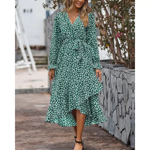 imageBTFBM Women Long Sleeve Wrap Maxi Dress V Neck Boho Floral High Waist Flowy Ruffle 2023 Summer Fall Dresses with BeltDaisy White Dark Green