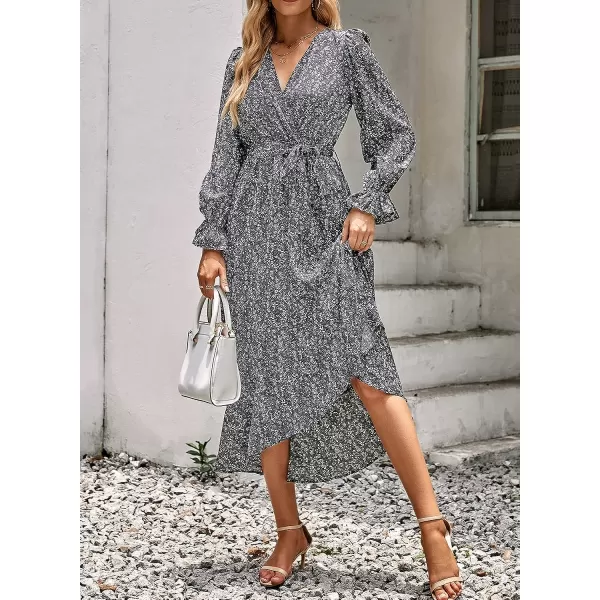 imageBTFBM Women Long Sleeve Wrap Maxi Dress V Neck Boho Floral High Waist Flowy Ruffle 2023 Summer Fall Dresses with BeltFloral Black