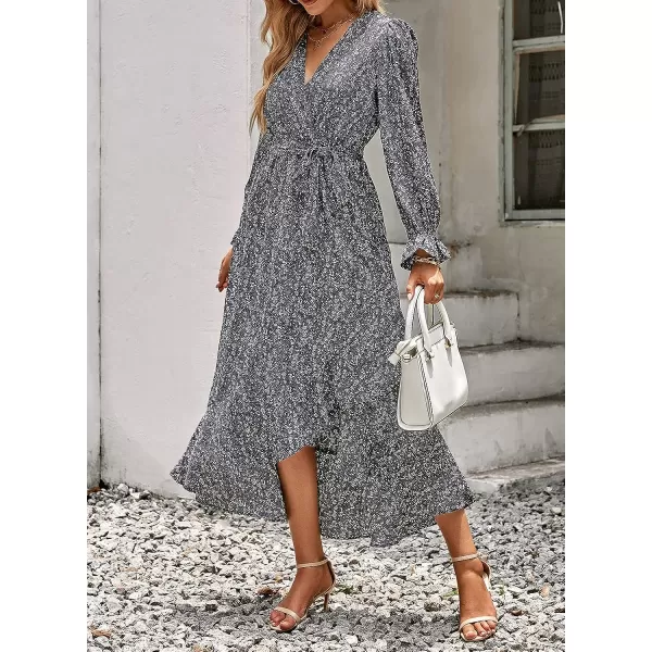 imageBTFBM Women Long Sleeve Wrap Maxi Dress V Neck Boho Floral High Waist Flowy Ruffle 2023 Summer Fall Dresses with BeltFloral Black