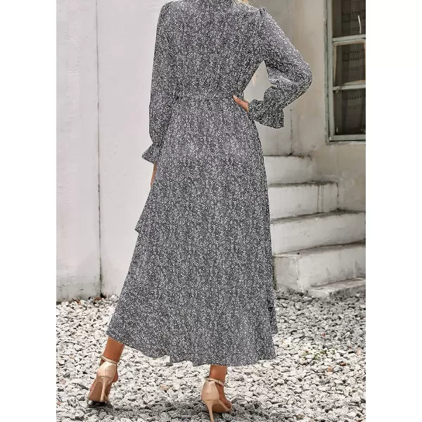 imageBTFBM Women Long Sleeve Wrap Maxi Dress V Neck Boho Floral High Waist Flowy Ruffle 2023 Summer Fall Dresses with BeltFloral Black