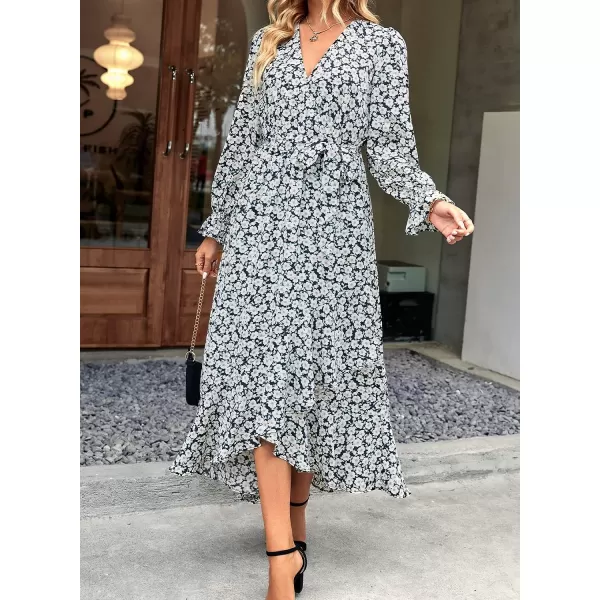 imageBTFBM Women Long Sleeve Wrap Maxi Dress V Neck Boho Floral High Waist Flowy Ruffle 2023 Summer Fall Dresses with BeltFloral Black White