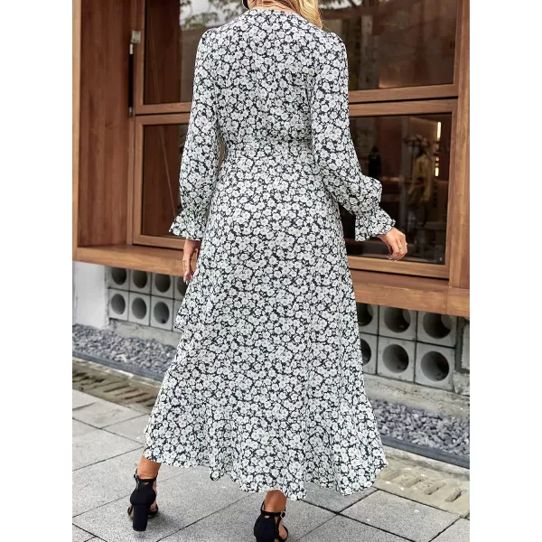 imageBTFBM Women Long Sleeve Wrap Maxi Dress V Neck Boho Floral High Waist Flowy Ruffle 2023 Summer Fall Dresses with BeltFloral Black White