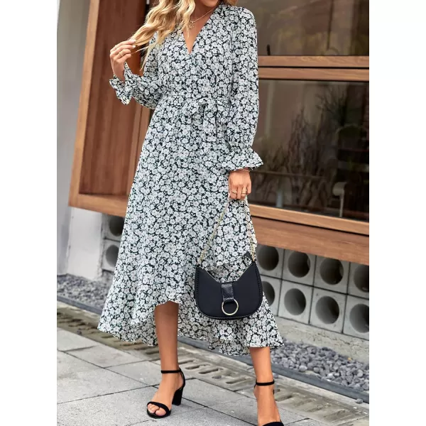 imageBTFBM Women Long Sleeve Wrap Maxi Dress V Neck Boho Floral High Waist Flowy Ruffle 2023 Summer Fall Dresses with BeltFloral Black White