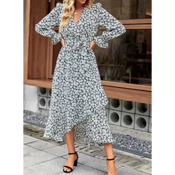 imageBTFBM Women Long Sleeve Wrap Maxi Dress V Neck Boho Floral High Waist Flowy Ruffle 2023 Summer Fall Dresses with BeltFloral Black White