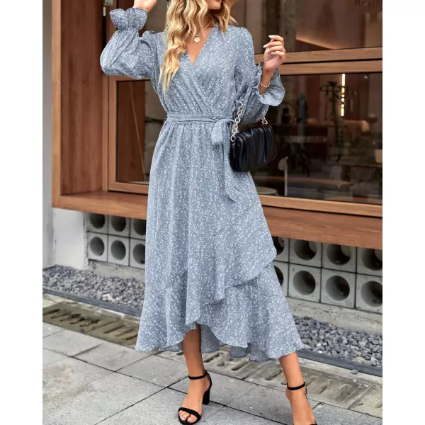 imageBTFBM Women Long Sleeve Wrap Maxi Dress V Neck Boho Floral High Waist Flowy Ruffle 2023 Summer Fall Dresses with BeltFloral Blue