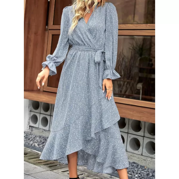 imageBTFBM Women Long Sleeve Wrap Maxi Dress V Neck Boho Floral High Waist Flowy Ruffle 2023 Summer Fall Dresses with BeltFloral Blue