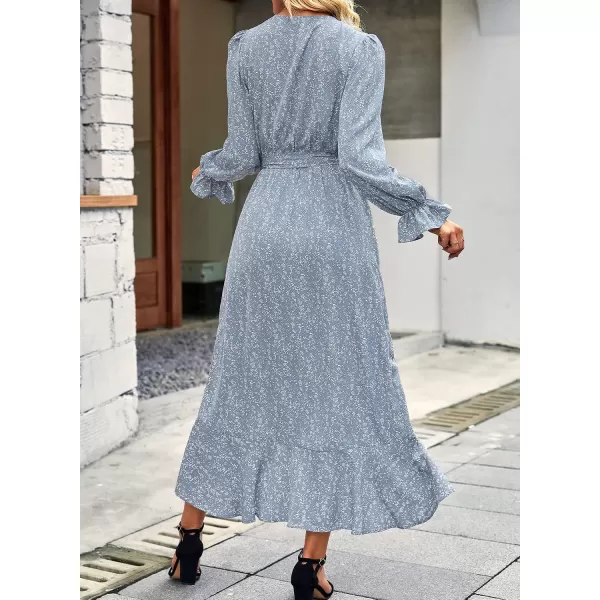 imageBTFBM Women Long Sleeve Wrap Maxi Dress V Neck Boho Floral High Waist Flowy Ruffle 2023 Summer Fall Dresses with BeltFloral Blue