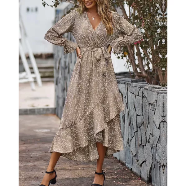 imageBTFBM Women Long Sleeve Wrap Maxi Dress V Neck Boho Floral High Waist Flowy Ruffle 2023 Summer Fall Dresses with BeltFloral Brown