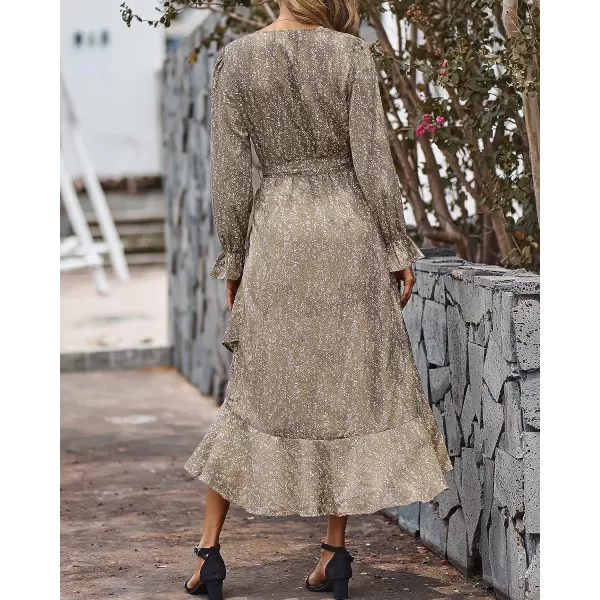 imageBTFBM Women Long Sleeve Wrap Maxi Dress V Neck Boho Floral High Waist Flowy Ruffle 2023 Summer Fall Dresses with BeltFloral Brown