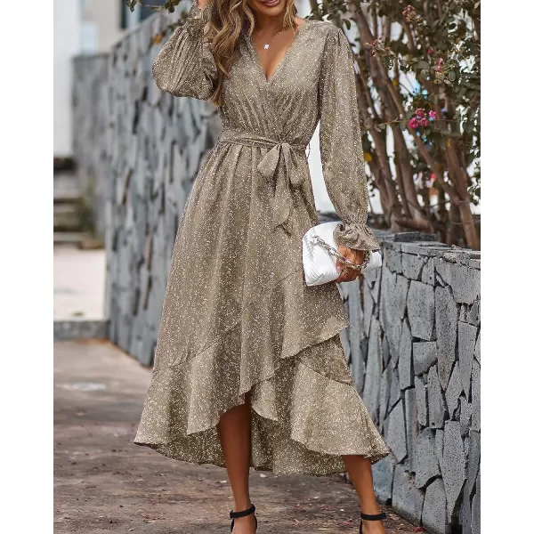 imageBTFBM Women Long Sleeve Wrap Maxi Dress V Neck Boho Floral High Waist Flowy Ruffle 2023 Summer Fall Dresses with BeltFloral Brown