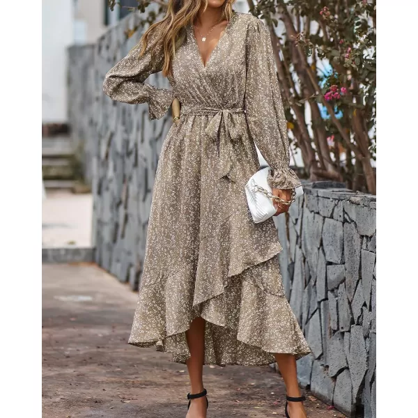 imageBTFBM Women Long Sleeve Wrap Maxi Dress V Neck Boho Floral High Waist Flowy Ruffle 2023 Summer Fall Dresses with BeltFloral Brown