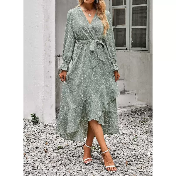 imageBTFBM Women Long Sleeve Wrap Maxi Dress V Neck Boho Floral High Waist Flowy Ruffle 2023 Summer Fall Dresses with BeltFloral Green