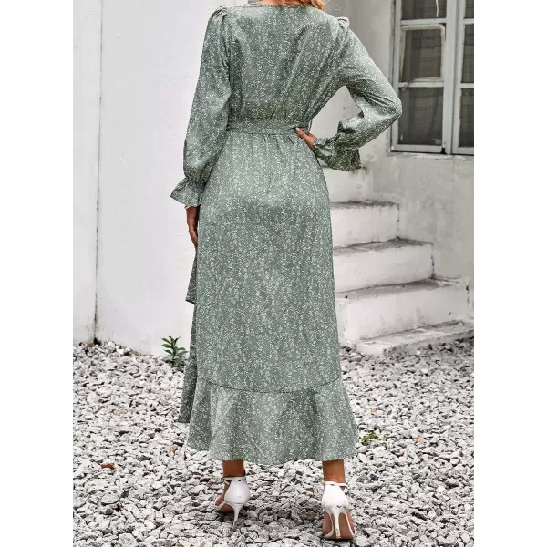 imageBTFBM Women Long Sleeve Wrap Maxi Dress V Neck Boho Floral High Waist Flowy Ruffle 2023 Summer Fall Dresses with BeltFloral Green