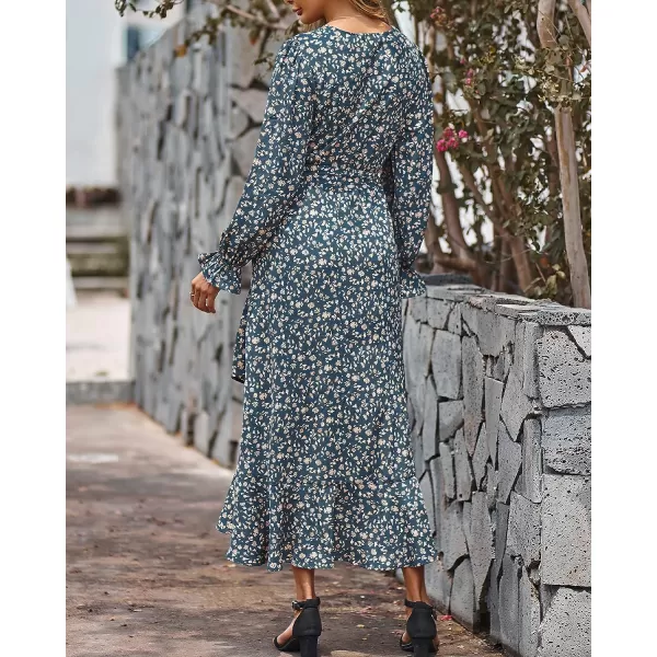imageBTFBM Women Long Sleeve Wrap Maxi Dress V Neck Boho Floral High Waist Flowy Ruffle 2023 Summer Fall Dresses with BeltFloral Light Blue Apricot