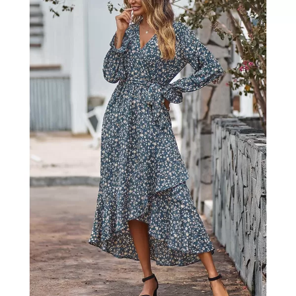 imageBTFBM Women Long Sleeve Wrap Maxi Dress V Neck Boho Floral High Waist Flowy Ruffle 2023 Summer Fall Dresses with BeltFloral Light Blue Apricot