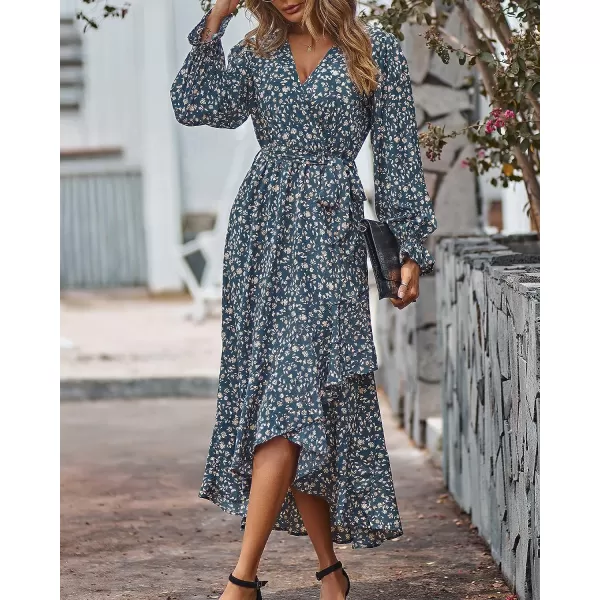 imageBTFBM Women Long Sleeve Wrap Maxi Dress V Neck Boho Floral High Waist Flowy Ruffle 2023 Summer Fall Dresses with BeltFloral Light Blue Apricot