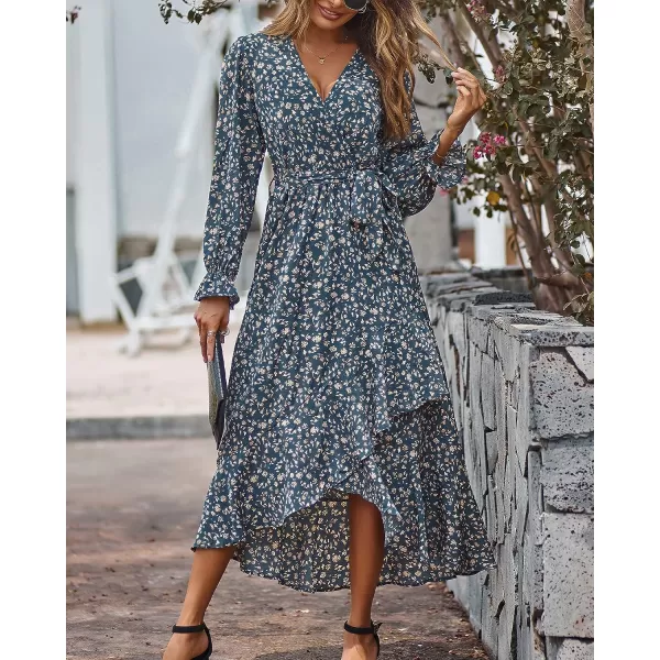 imageBTFBM Women Long Sleeve Wrap Maxi Dress V Neck Boho Floral High Waist Flowy Ruffle 2023 Summer Fall Dresses with BeltFloral Light Blue Apricot