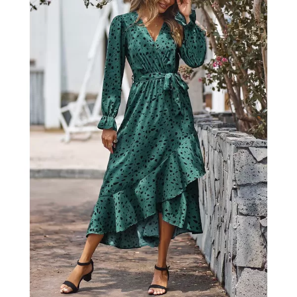 imageBTFBM Women Long Sleeve Wrap Maxi Dress V Neck Boho Floral High Waist Flowy Ruffle 2023 Summer Fall Dresses with BeltLeopard Dot Green