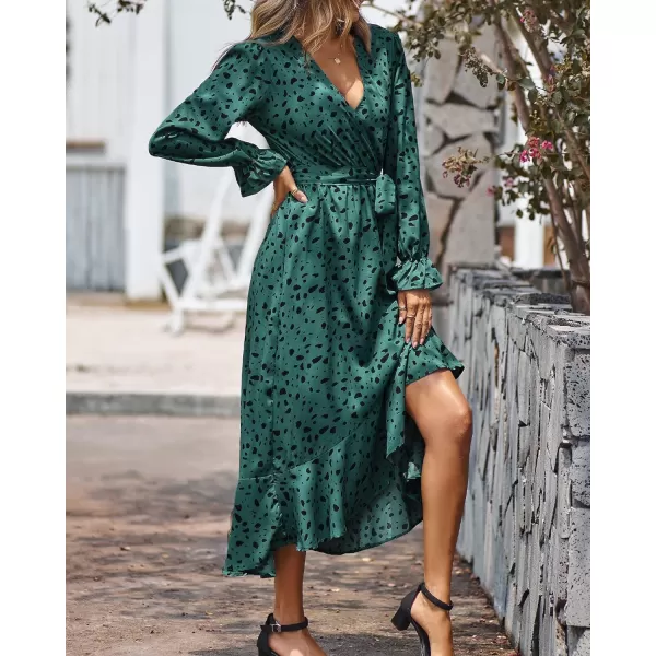 imageBTFBM Women Long Sleeve Wrap Maxi Dress V Neck Boho Floral High Waist Flowy Ruffle 2023 Summer Fall Dresses with BeltLeopard Dot Green