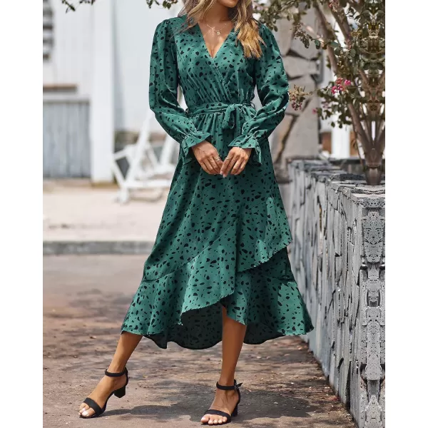 imageBTFBM Women Long Sleeve Wrap Maxi Dress V Neck Boho Floral High Waist Flowy Ruffle 2023 Summer Fall Dresses with BeltLeopard Dot Green