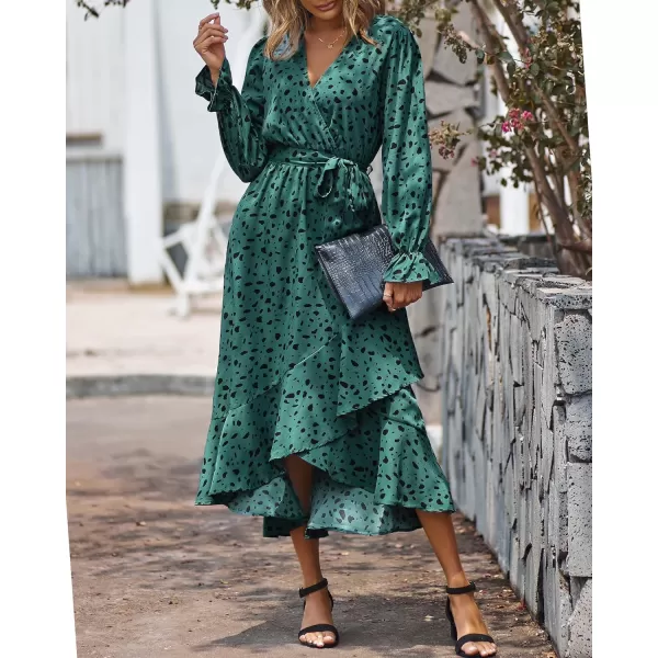 imageBTFBM Women Long Sleeve Wrap Maxi Dress V Neck Boho Floral High Waist Flowy Ruffle 2023 Summer Fall Dresses with BeltLeopard Dot Green